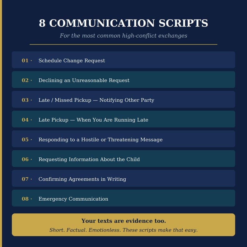 Dark navy listing image titled "8 Communication Scripts for the most common high-conflict exchanges." Lists all 8 scripts including Schedule Change Request, Responding to a Hostile Message, and Emergency Communication. Gold callout at bottom reads: "Your texts are evidence too. Short. Factual. Emotionless."