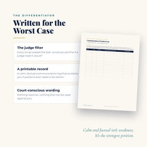 Court-conscious wording and a printable communication and incident log that creates a calm, factual record of co-parenting exchanges.