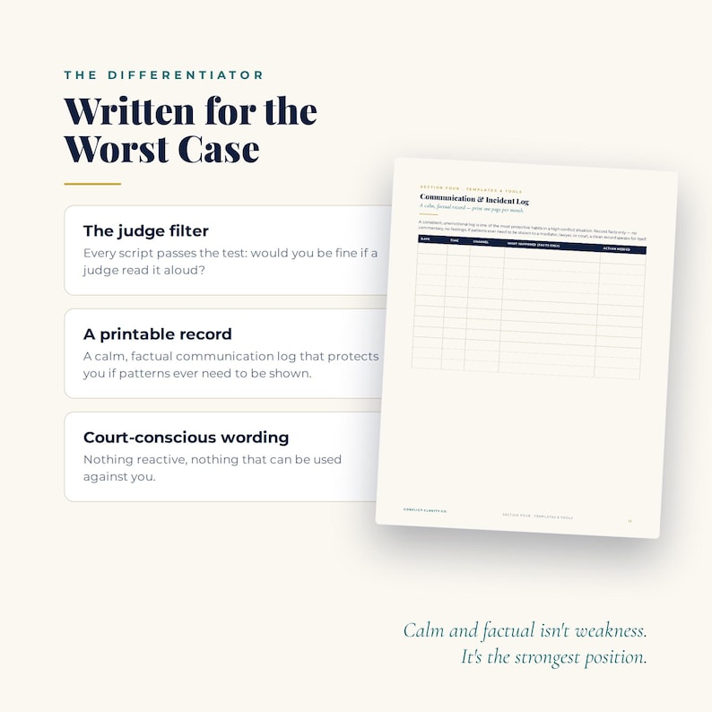 Court-conscious wording and a printable communication and incident log that creates a calm, factual record of co-parenting exchanges.