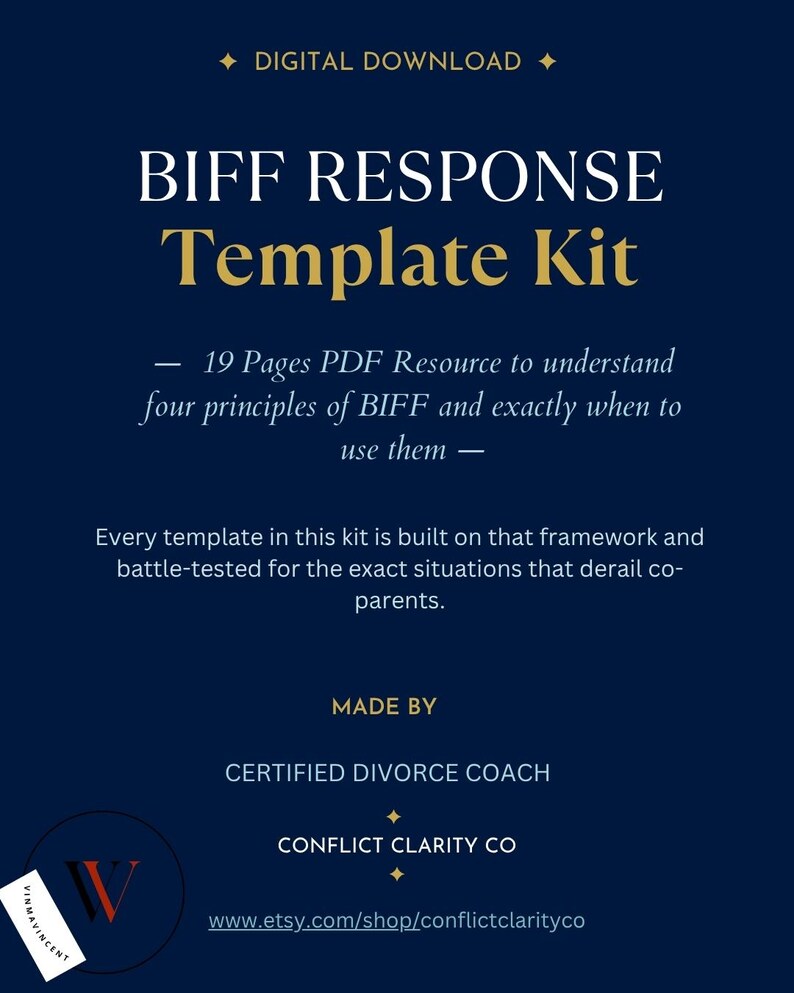 BIFF Response Template Kit for high-conflict co-parenting — 15 done-for-you communication scripts created by a Certified Divorce Coach, instant PDF download