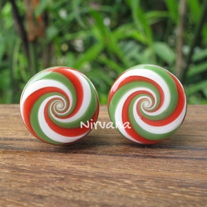 1 Pair (2 Pieces) Holiday Red/Green/White Striped Peppermint Candy Spiral Glass Plugs