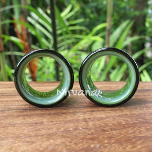 1 Pair (2 Pieces) Black & Jade Green Color 2 Tone Tunnels Glass