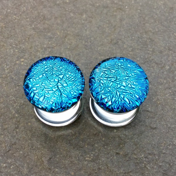 1 Pair (2 Pieces) Aqua Blue Dichroic Glass Plugs