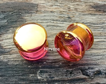 1 Pair (2 Pieces) Real 24 Karat Ruby Gold Colored Glass Ear Plugs