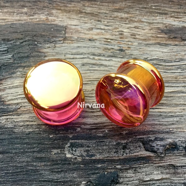 1 Pair (2 Pieces) Real 24 Karat Ruby Gold Colored Glass Ear Plugs