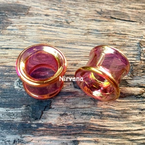 1 Pair (2 Pieces) 24K Ruby Gold Colored Glass Tunnels