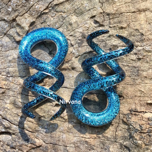 1 Pair (2 Pieces) Aqua Blue Dichroic Glass Cork Screw Spirals