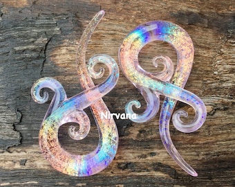 1 Pair (2 Pieces) Tranlucent Rainbow Dichroic Translucent Pink Encased Bonita Spirals