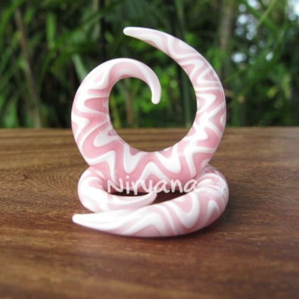 1 Pair (2 Pieces) Pink & White Snake Classic Spirals Glass