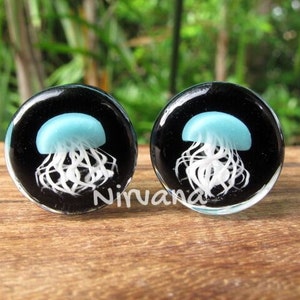 1 Pair (2 Pieces) Aqua Pyrex Glass Jellyfish Plugs Black Background