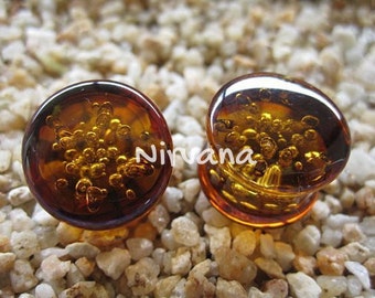 1 Pair (2 Pieces) Amber Colored Glass Bubble Plugs