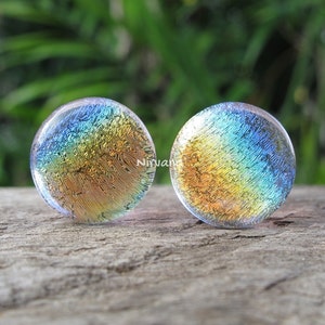 1 Pair (2 Pieces) Translucent Aquatic Rainbow Dichroic Glass Plugs on Translucent Pink