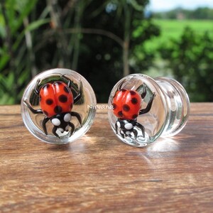 1 Pair (2 Pieces) Classic Red Ladybug Plugs Pyrex Glass