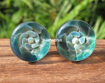 Ocean Flower Plugs Pyrex Glass Gauges 00g 7/16" 1/2" 9/16" 5/8" 3/4" 1" 9.5 mm 10 mm 12 mm 14 mm 16 mm 18 mm 20 mm 25 mm