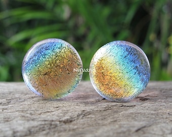 1 Pair (2 Pieces) Translucent Aquatic Rainbow Dichroic Glass Plugs on Translucent Pink