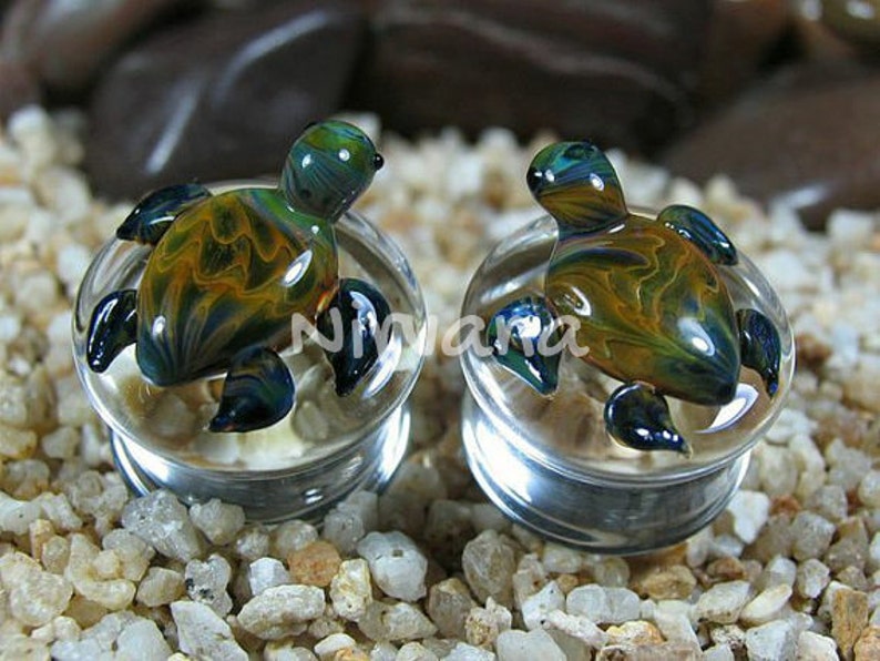 1 Pair 2 Pieces Earth Turtles Pyrex Glass Plugs image 1