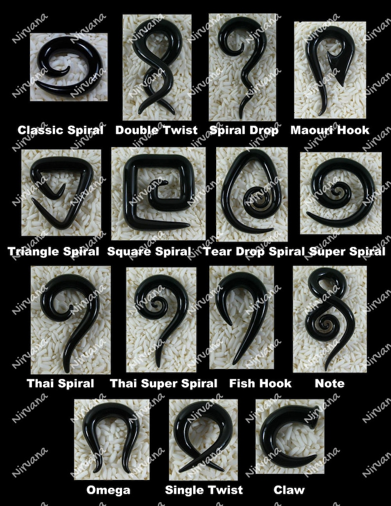 May include: A collection of 12 different black glass spiral ear plugs, each with a unique design. The ear plugs are displayed on a white background.