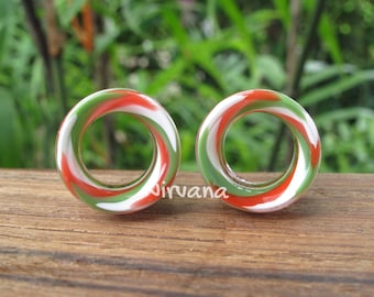 1 Pair (2 Pieces) Holiday Green/White/Red Tunnels Glass