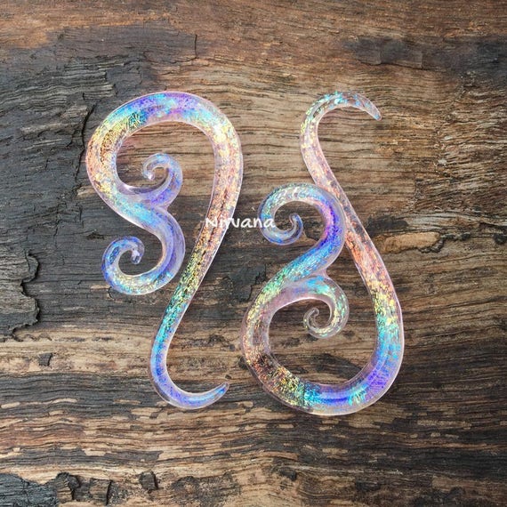 1 Pair (2 pieces) Aquatic Rainbow Dichroic Glass Note Spirals