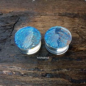 1 Pair 2 Pieces Translucent Aqua Dichroic Glass Plugs image 1