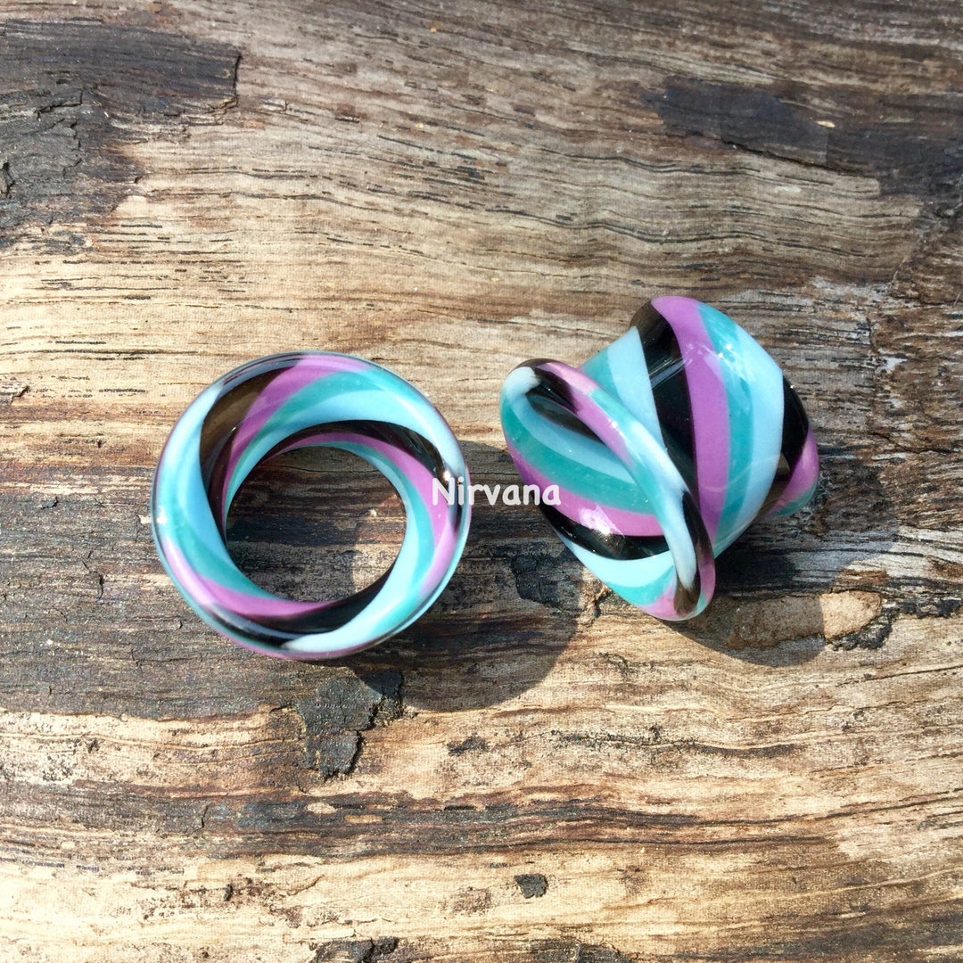 1 Pair (2 Pieces) Black, Mauve, Aqua & Sky Blue Twist Tunnels Pyrex ...