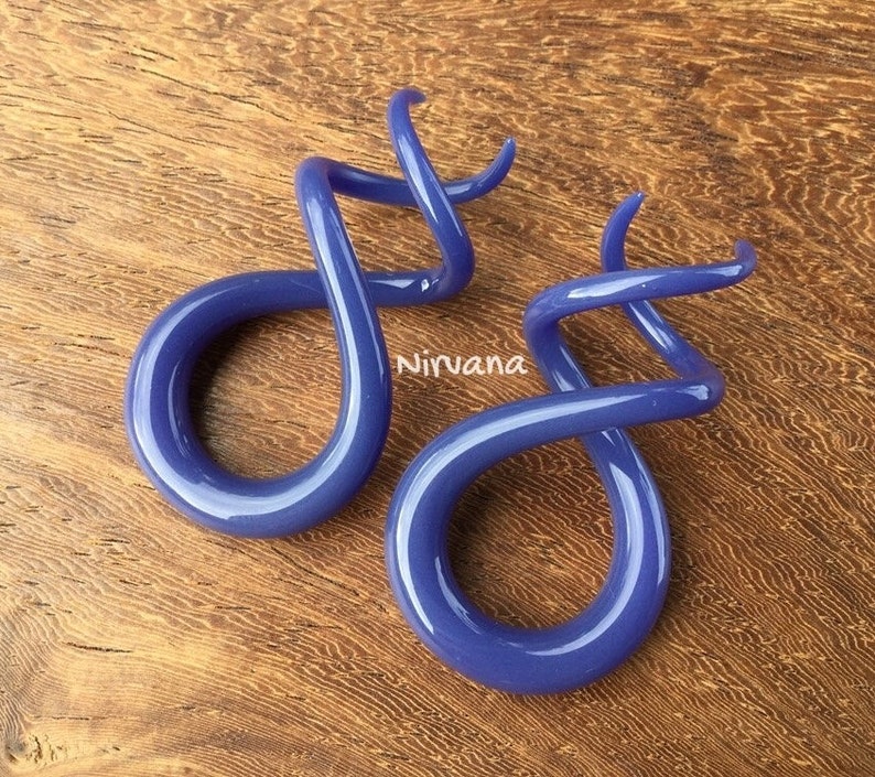 May include: Two purple glass spiral ear gauges. The gauges are twisted and have a circular shape.