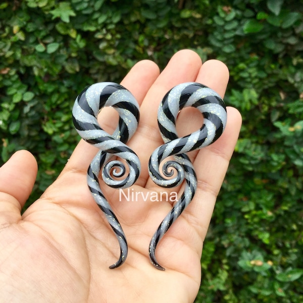 1 Pair (2 Pieces) Pearlescent "GRAY" Dichroic And Black Twist Note Shaped Glass Spirals