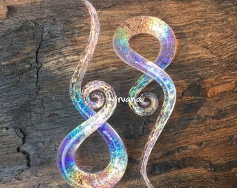 1 Pair (2 pieces) Translucent Aquatic Rainbow With Translucent Pink Background Dichroic Glass Note Spirals