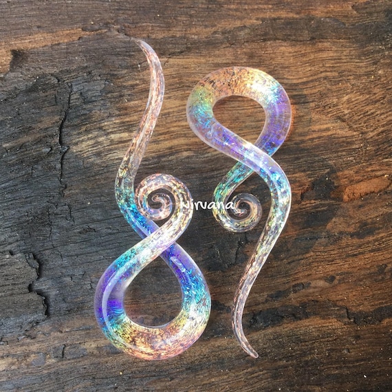 1 Pair (2 pieces) - Translucent Pink Translucent Rainbow Dichroic Glass Note Spirals 8g 6g 4g 2g 0g 00g  3 mm - 10 mm