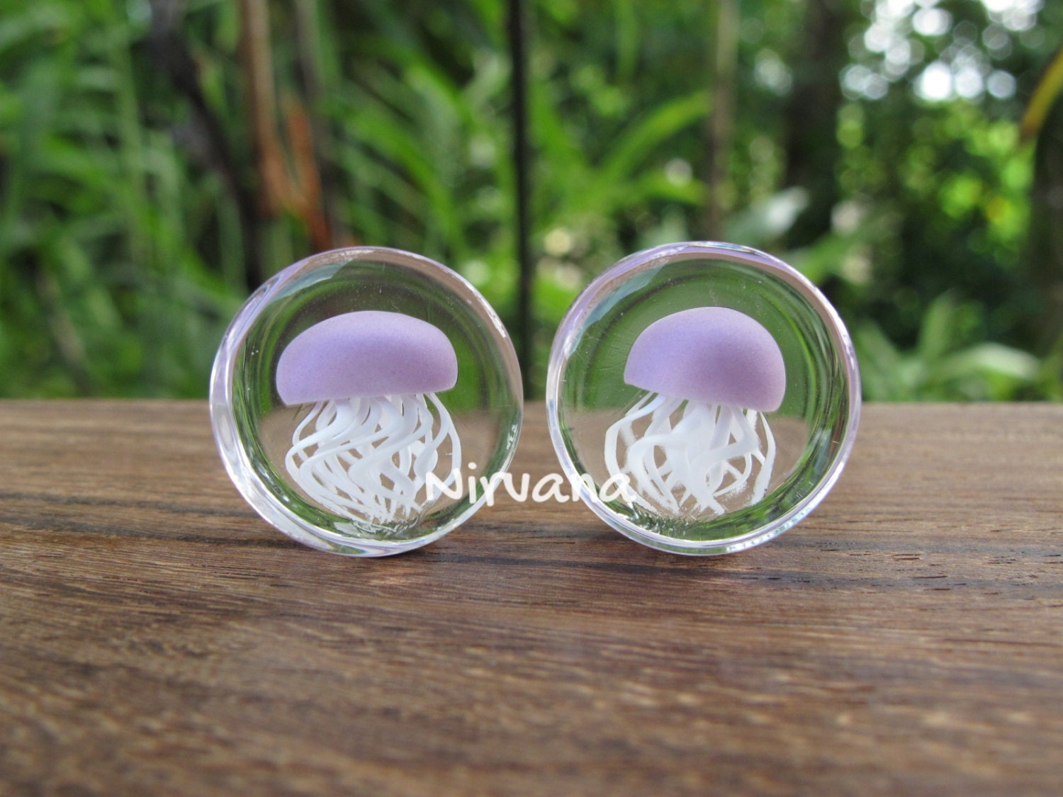 Pair of Glass Double Flared Amber Purple Jellyfish Plugs Black Pair of Glass Double Flared Amber Purple Jellyfish Plugs Black
