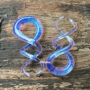 1 Pair (2 Pieces) Translucent Blue Dichroic Encased Translucent Purple Glass Cork Screw Spirals
