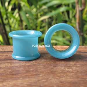 1 Pair (2 Pieces) Aqua Blue Tunnels Pyrex Glass Gauges