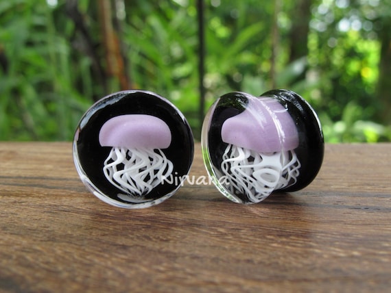 Pair of Glass Double Flared Amber Purple Jellyfish Plugs Cobalt