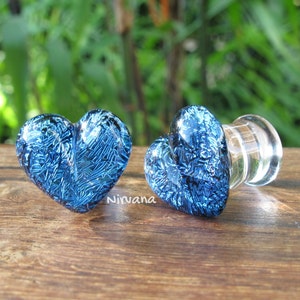 1 Pair 2 Pieces Aqua Blue Dichroic Glass Heart Plugs image 2