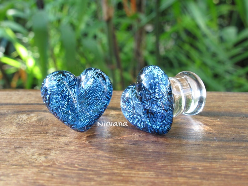 1 Pair 2 Pieces Aqua Blue Dichroic Glass Heart Plugs image 2