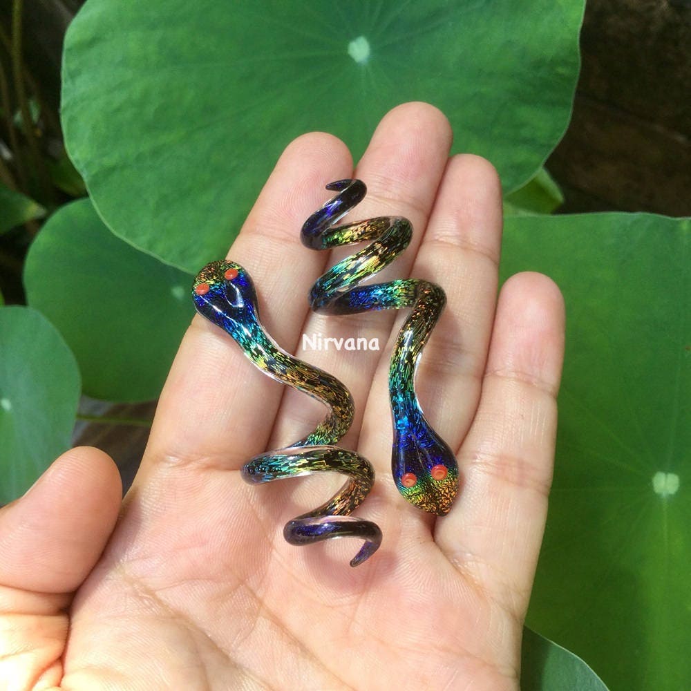 1 Pair (2 Pieces) Aquatic Rainbow Dichroic Glass Cork Screw Spirals
