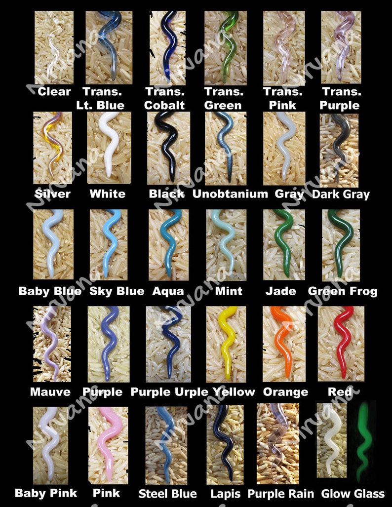 May include: A chart displaying 18 different coloured glass beads, each shaped like a squiggly line. The beads are arranged in a grid of 6 rows and 3 columns. The colours include clear, light blue, cobalt, green, pink, purple, silver, white, black, unobtainium, grey, dark grey, baby blue, sky blue, aqua, mint, jade, green frog, mauve, purple, purple urple, yellow, orange, red, baby pink, pink, steel blue, lapis, purple rain, and glow glass.