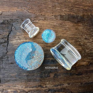 1 Pair 2 Pieces Translucent Aqua Dichroic Glass Plugs image 2
