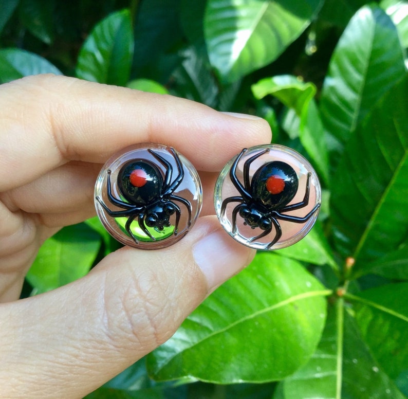 25 mm Black Widow Spider with Dark Red Spots Glass Plugs 4g 2g 0g 00g 716 12 916 58 34 1 5 mm 6 mm 8 mm 10 mm 12 mm 14 mm 16 mm