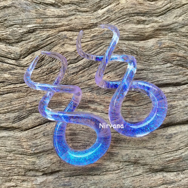 1 Pair 2 Pieces Translucent Blue Dichroic Encased Translucent Purple Glass Cork Screw Spirals image 3