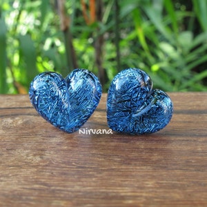 1 Pair 2 Pieces Aqua Blue Dichroic Glass Heart Plugs image 3