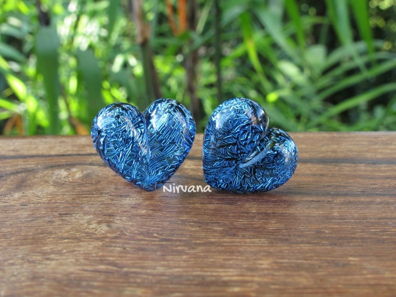 1 Pair 2 Pieces Aqua Blue Dichroic Glass Heart Plugs image 3