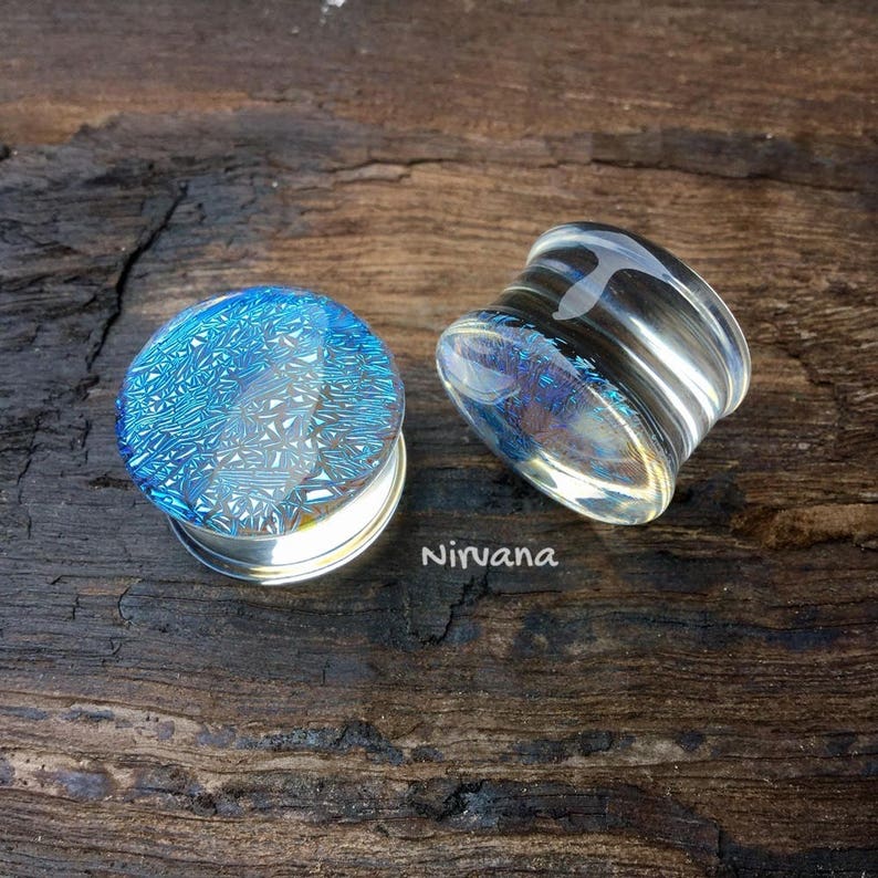 1 Pair 2 Pieces Translucent Aqua Dichroic Glass Plugs image 3