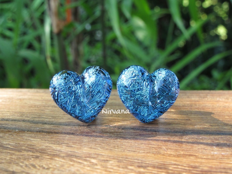 1 Pair 2 Pieces Aqua Blue Dichroic Glass Heart Plugs image 1