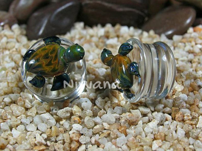 1 Pair 2 Pieces Earth Turtles Pyrex Glass Plugs image 3