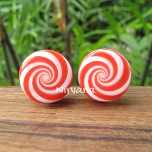 1 Pair (2 Pieces) Holiday Red & White Striped Peppermint Candy Spiral Glass Plugs