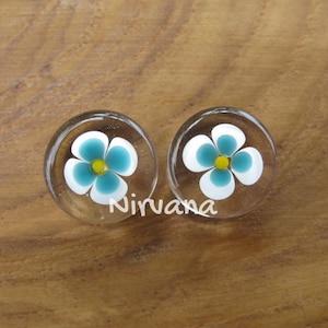 1 Pair (2 Pieces) Lucky Aqua & Yellow Flower Glass Plugs - Custom Color Combinations Available