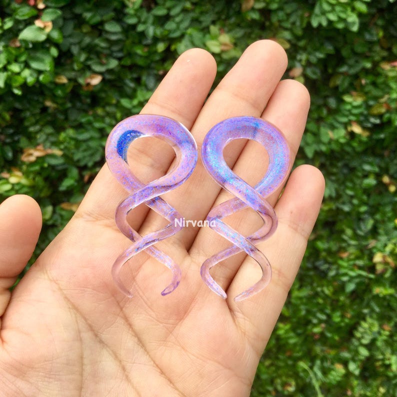 1 Pair 2 Pieces Translucent Blue Dichroic Encased Translucent Purple Glass Cork Screw Spirals image 5