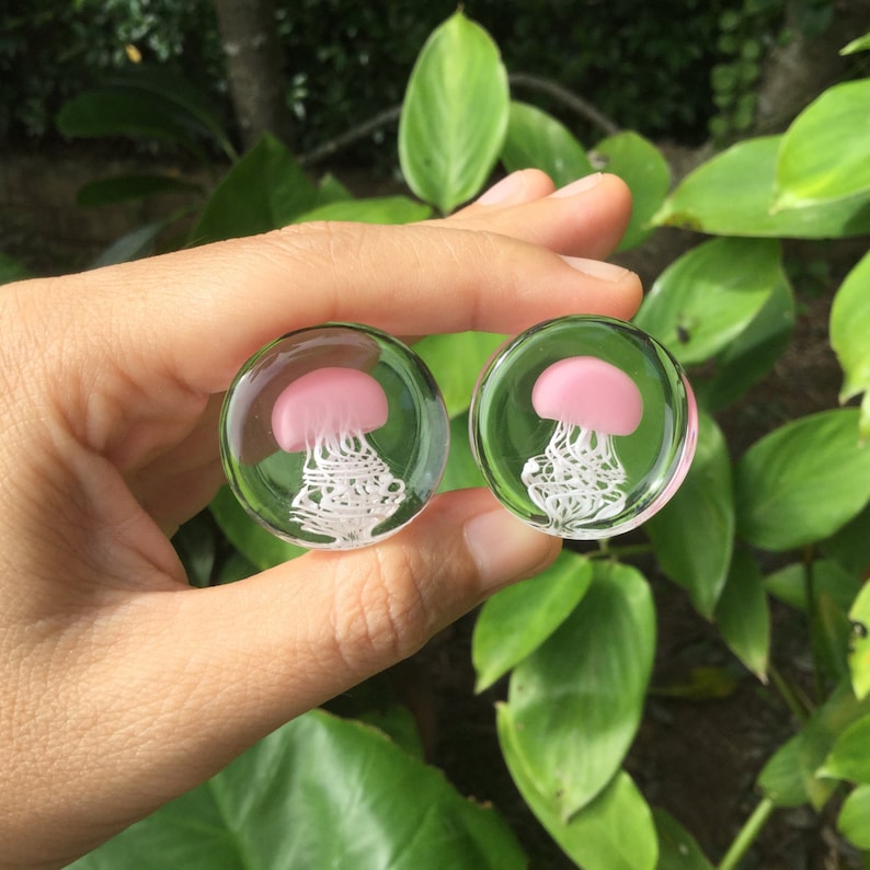 1 Pair 2 Pieces Pink Pyrex Glass Jellyfish Plugs image 4