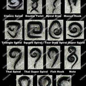 May include: A collection of 12 different black glass spiral ear gauges, including classic spiral, double twist, spiral drop, maori hook, triangle spiral, square spiral, tear drop spiral, super spiral, thai spiral, thai super spiral, fish hook, omega, single twist, and claw.